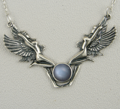 Sterling Silver Double Fairies Necklace With Grey Moonstone